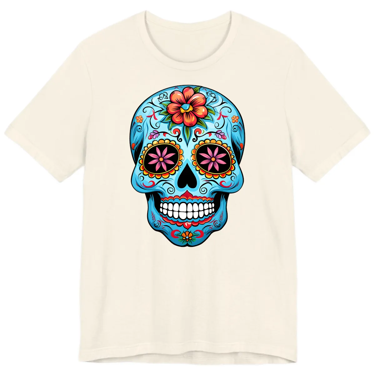 Vibrant Floral Calavera Sugar Skull Premium T-Shirt in Natural