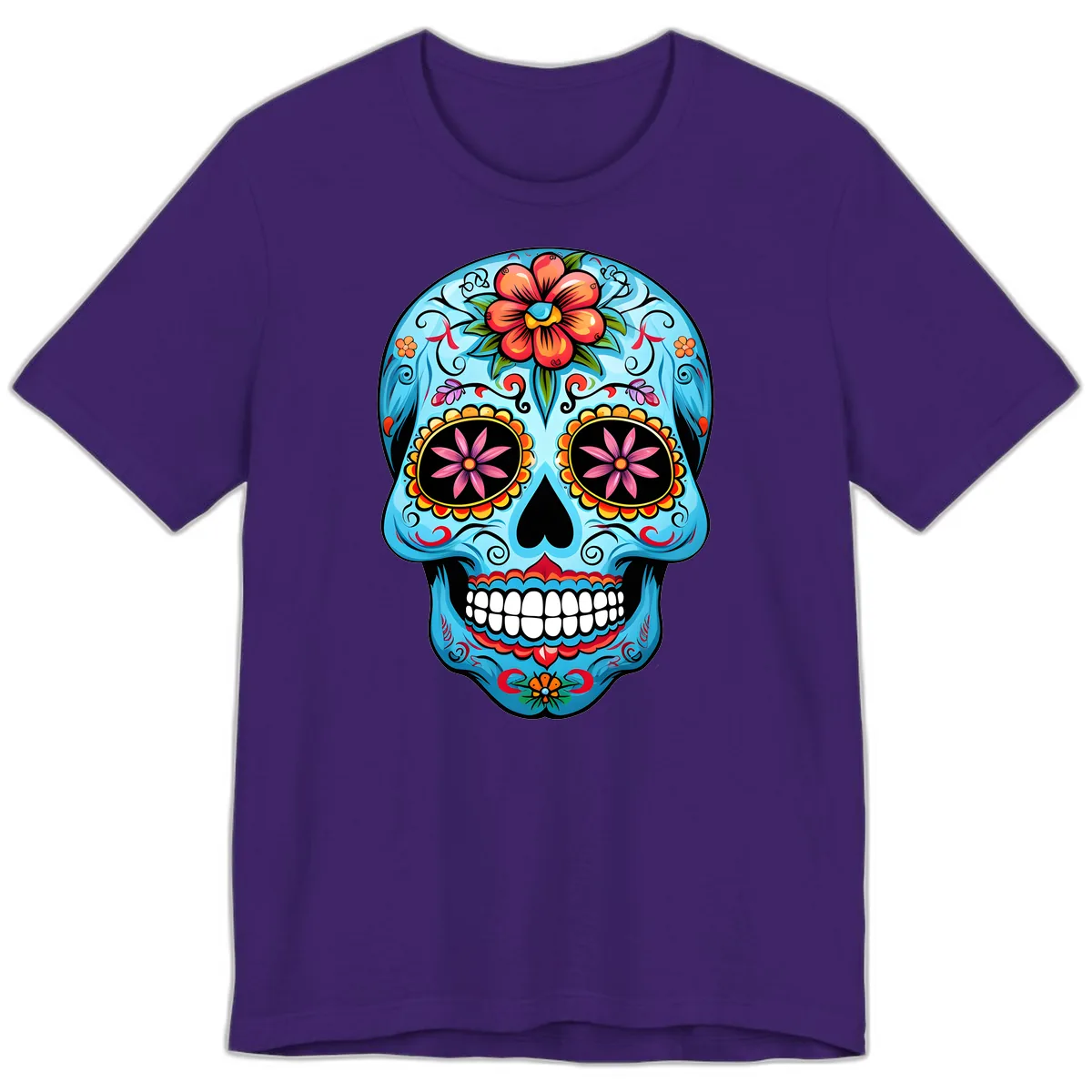 Vibrant Floral Calavera Sugar Skull Premium T-Shirt in Team Purple
