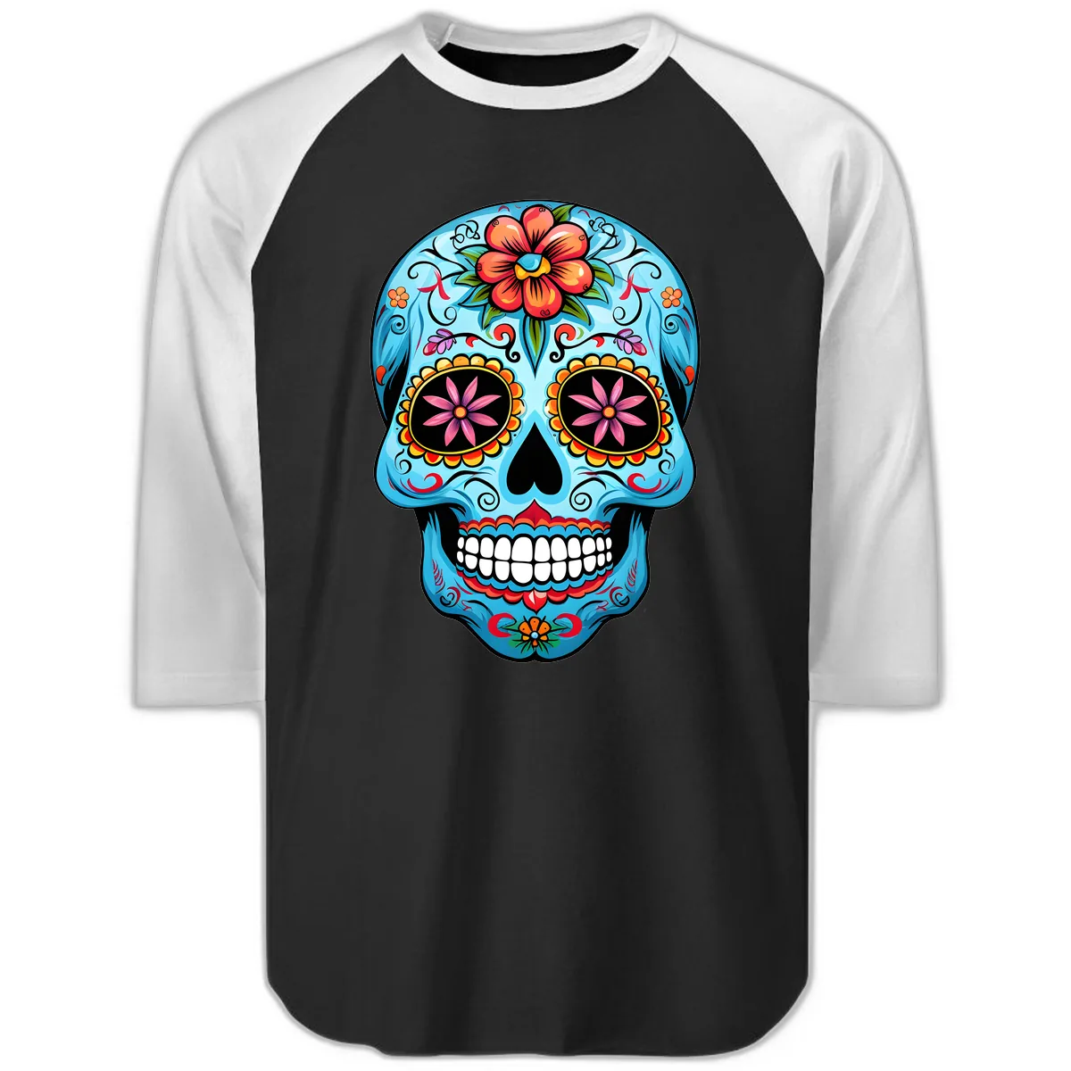 Vibrant Floral Calavera Sugar Skull Raglan 3/4 in Black White