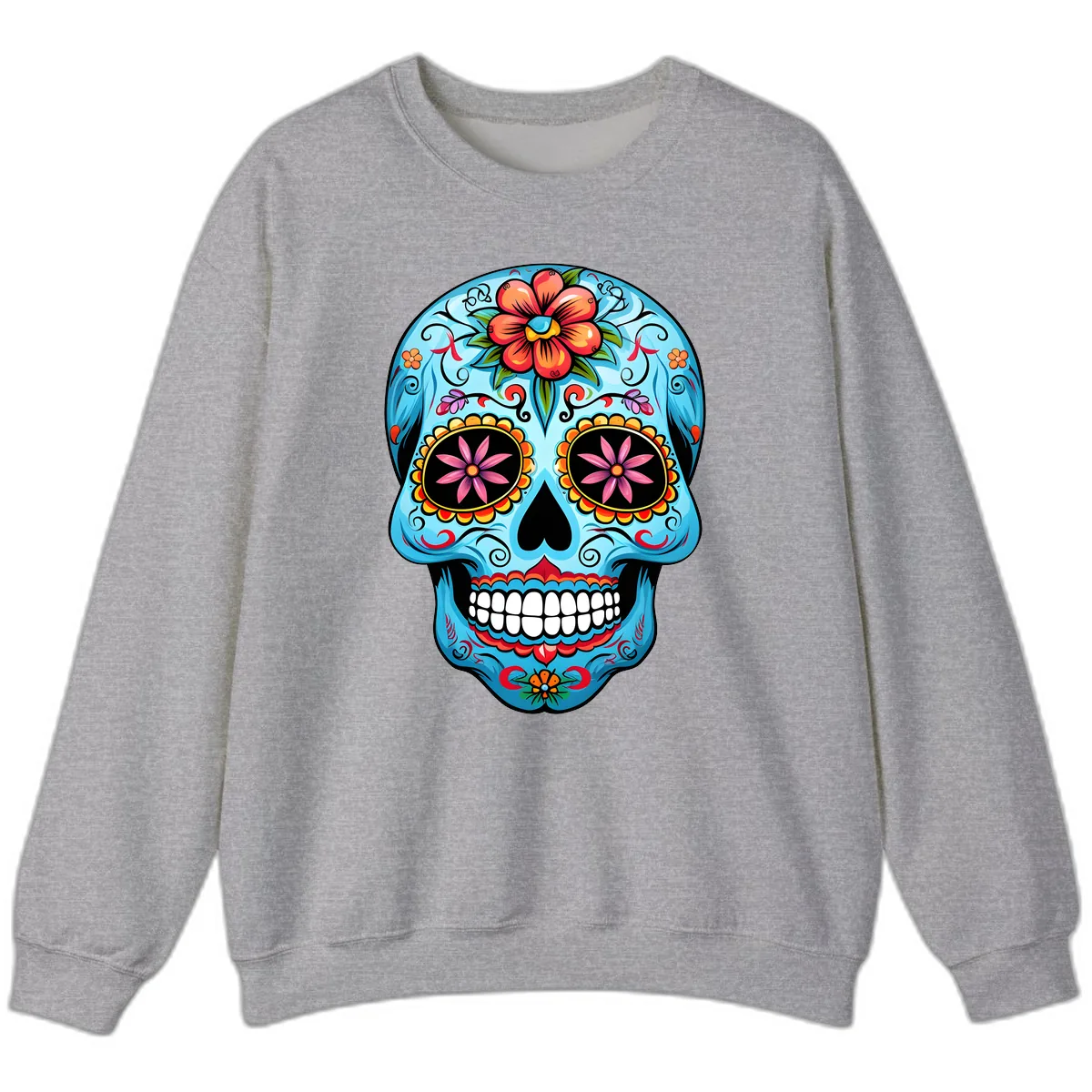 Vibrant Floral Calavera Sugar Skull Sweatshirt in Sport Grey