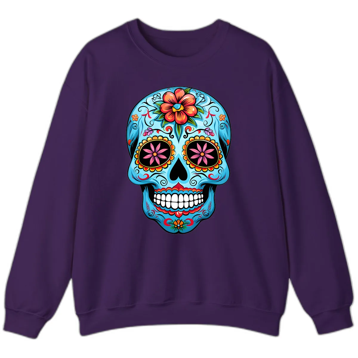 Vibrant Floral Calavera Sugar Skull Sweatshirt in Purple