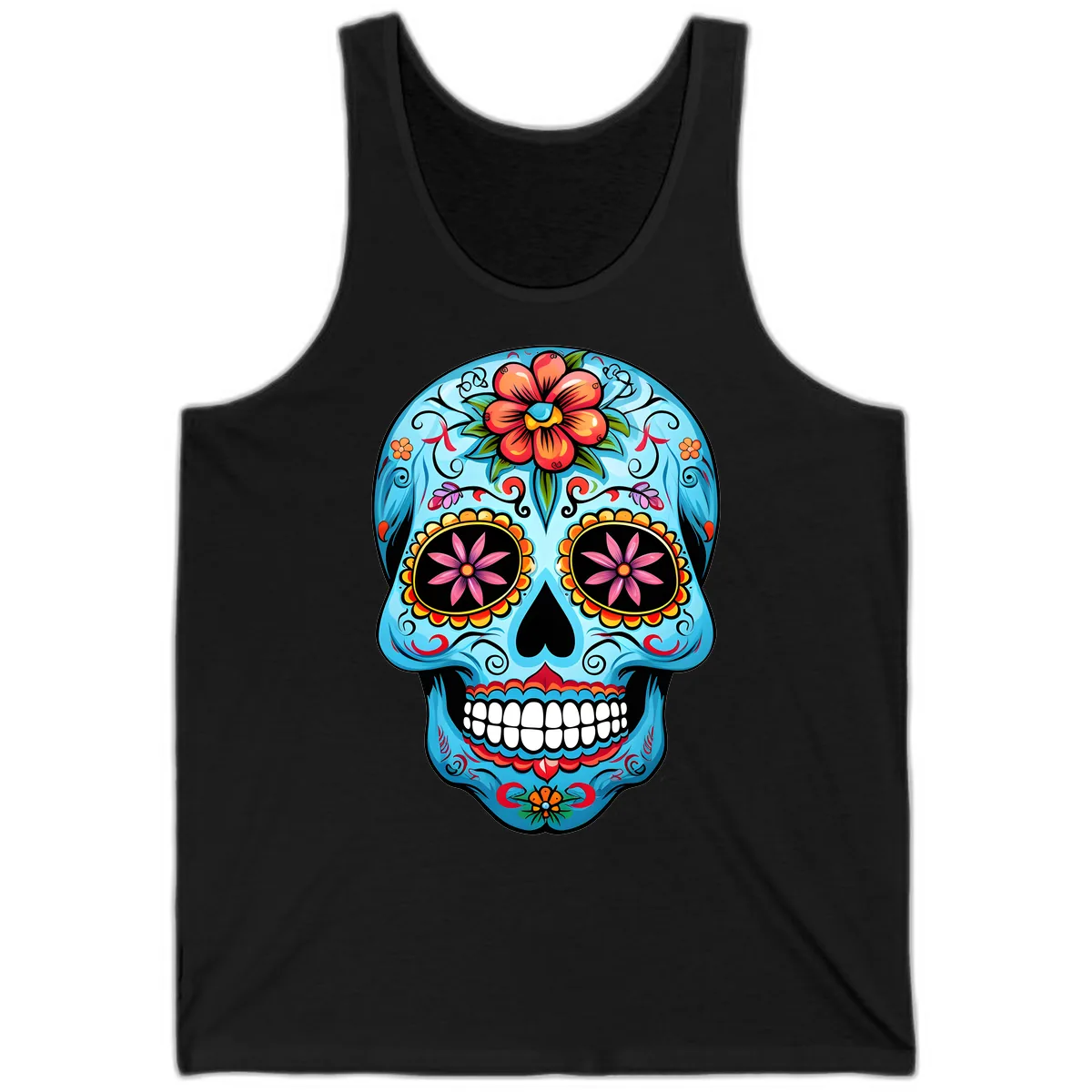 Vibrant Floral Calavera Sugar Skull Tank in Black