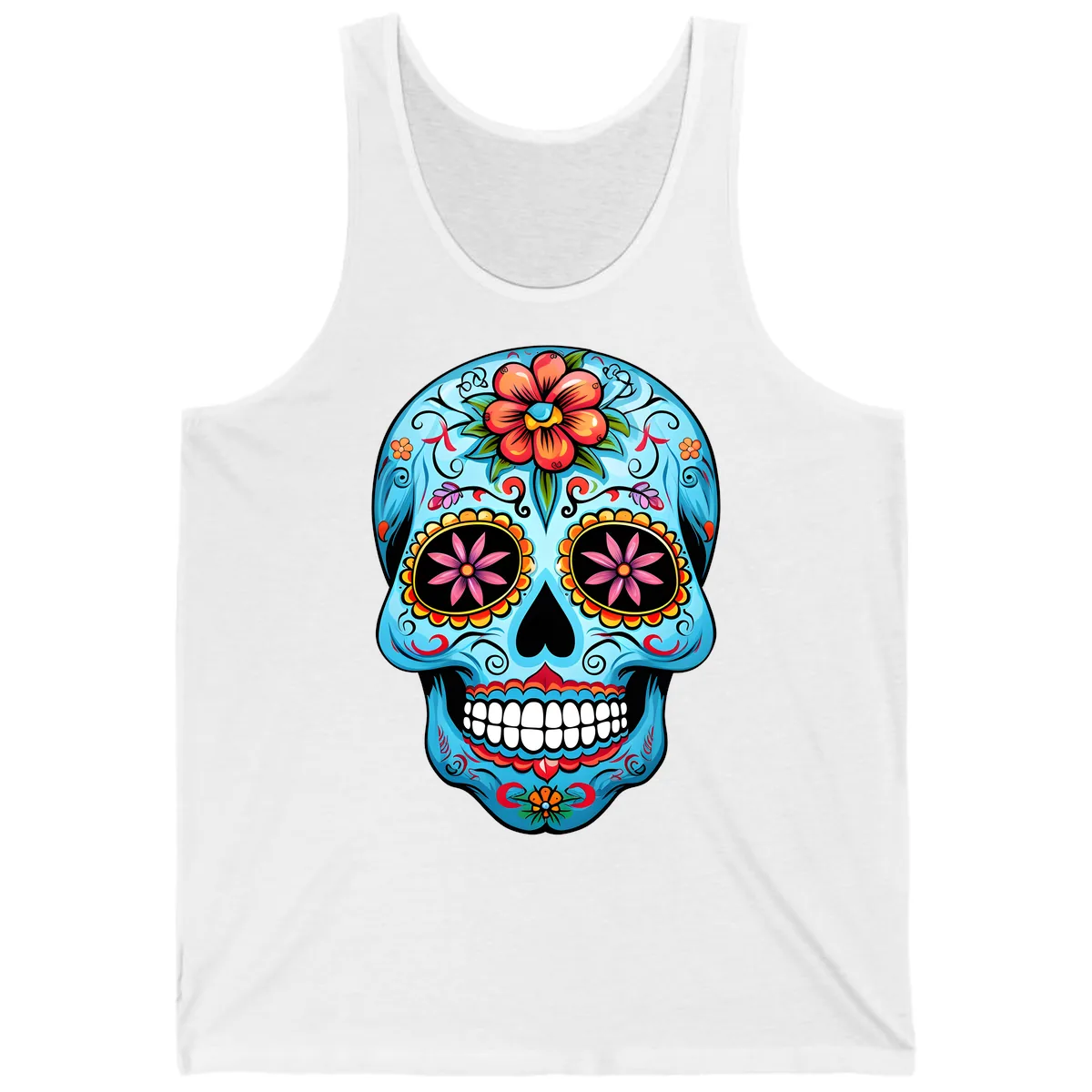 Vibrant Floral Calavera Sugar Skull Tank in White