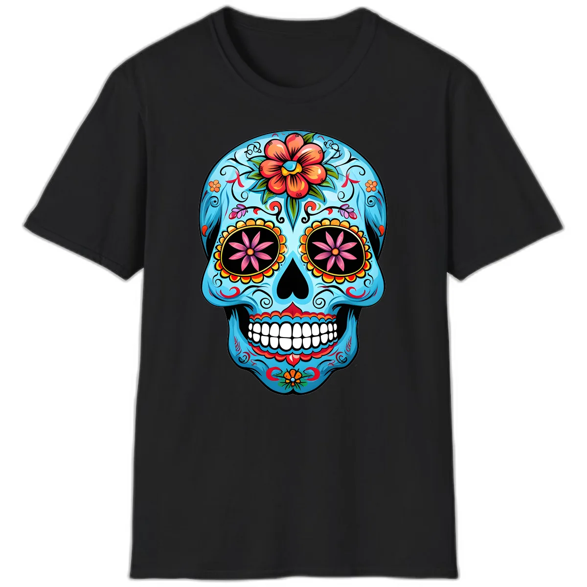 Vibrant Floral Calavera Sugar Skull T-Shirt in Black