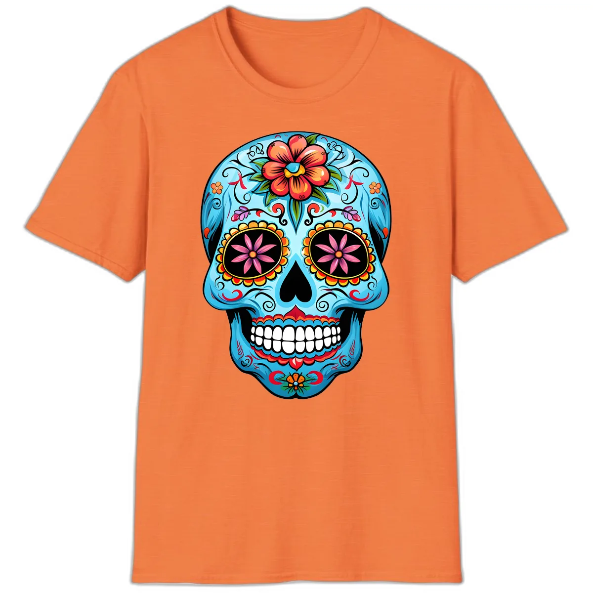 Vibrant Floral Calavera Sugar Skull T-Shirt in Heather Orange