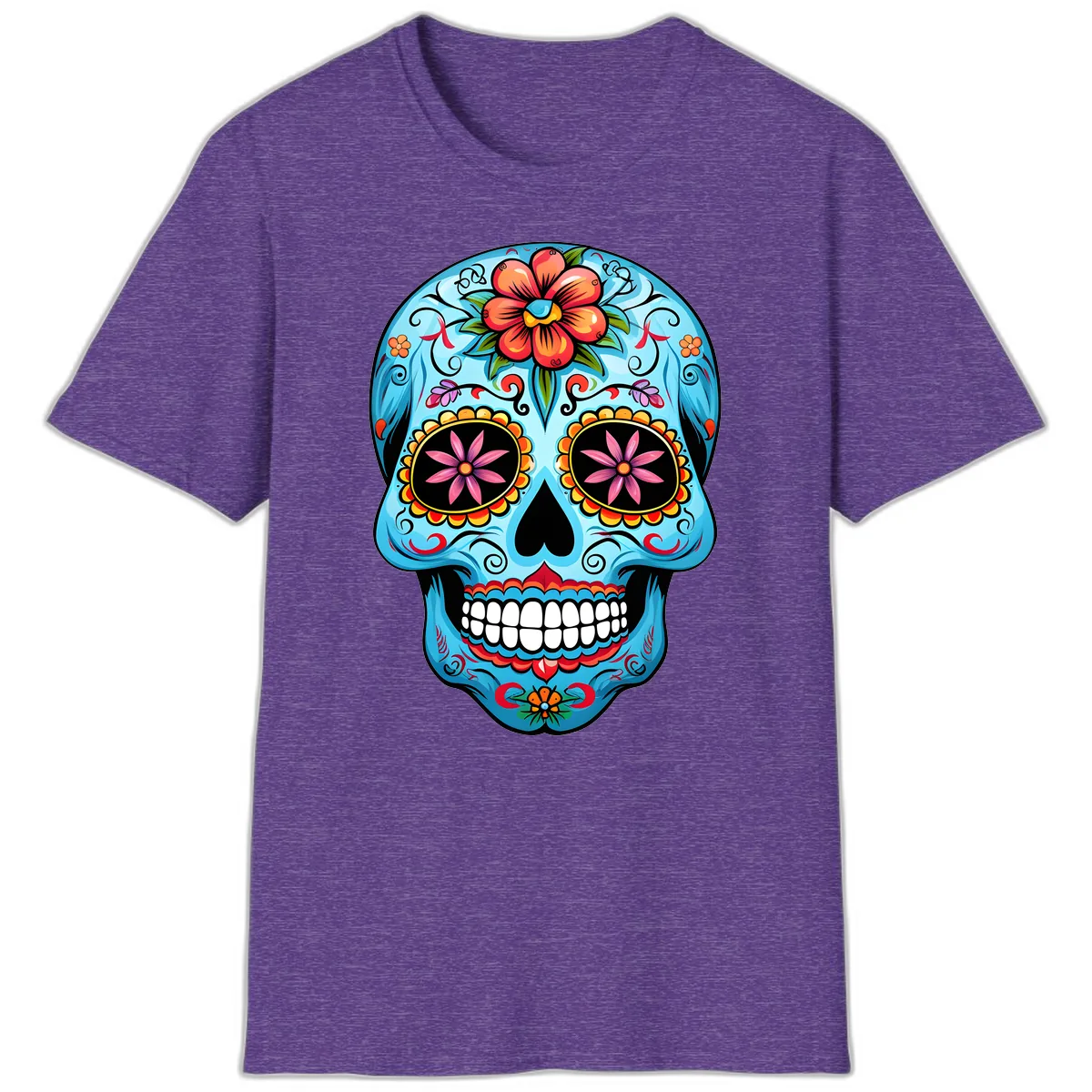 Vibrant Floral Calavera Sugar Skull T-Shirt in Heather Purple