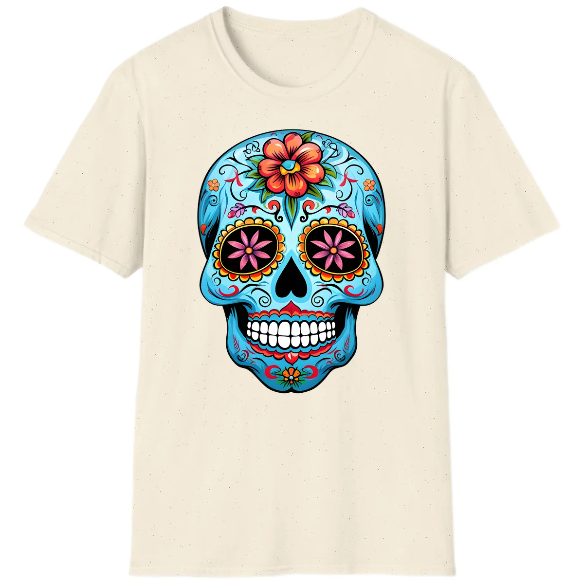 Vibrant Floral Calavera Sugar Skull T-Shirt in Natural