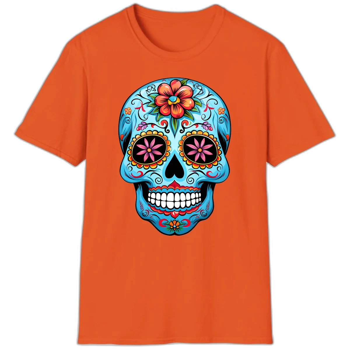 Vibrant Floral Calavera Sugar Skull T-Shirt in Orange