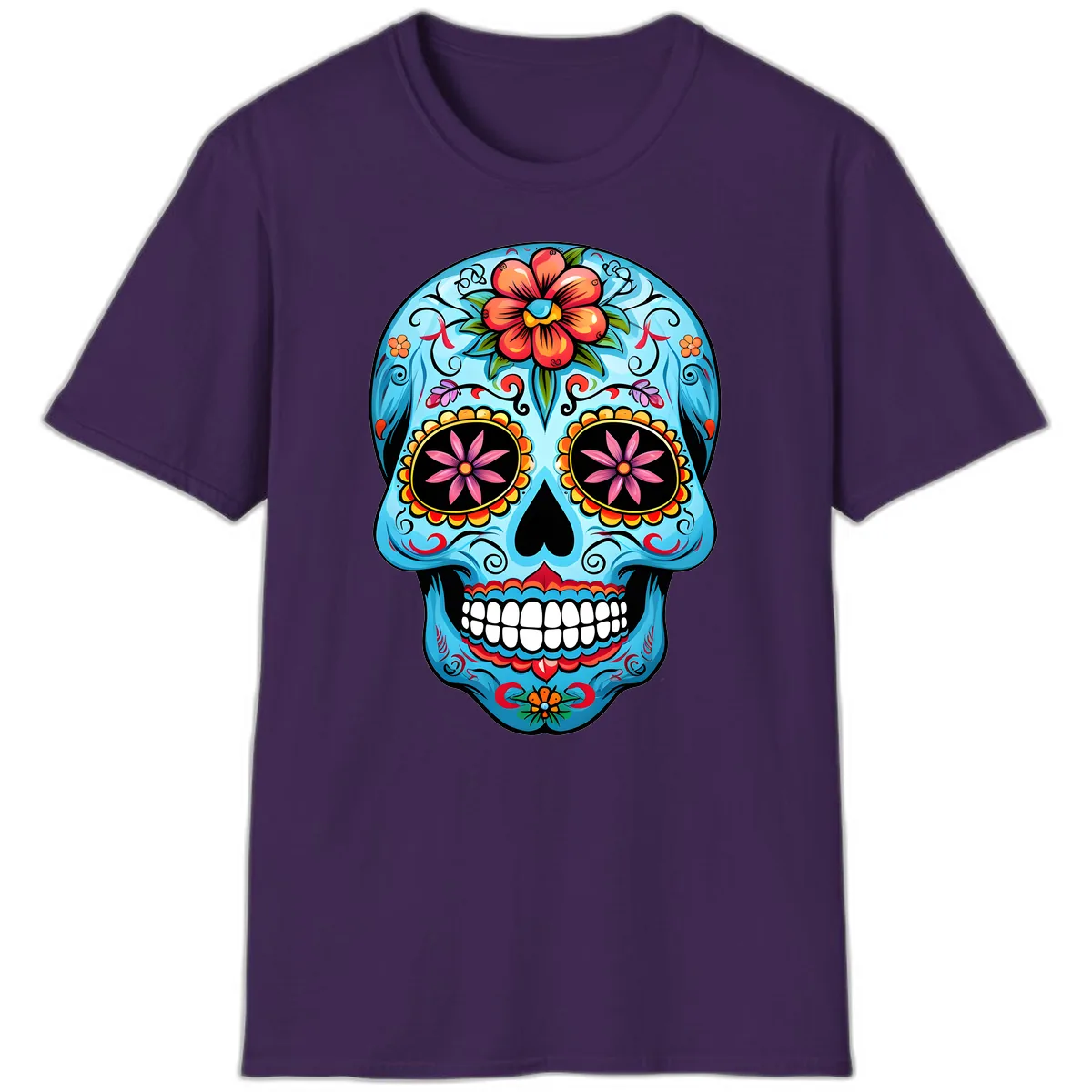 Vibrant Floral Calavera Sugar Skull T-Shirt in Purple