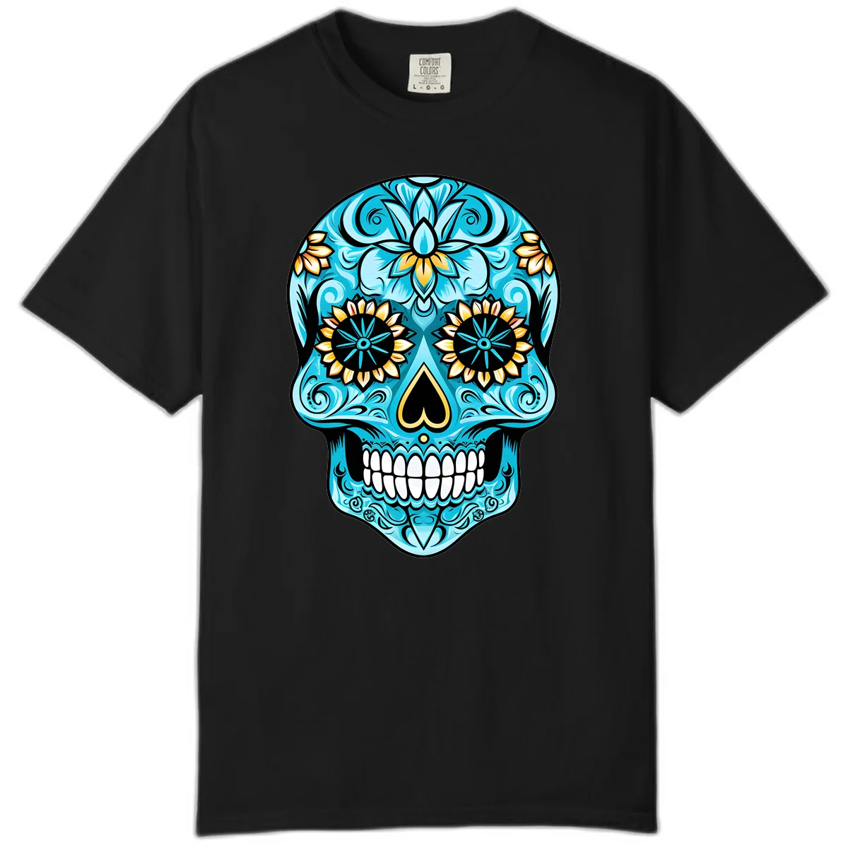 Vibrant Turquoise Calavera with Golden Blooms Comfort Color in Black