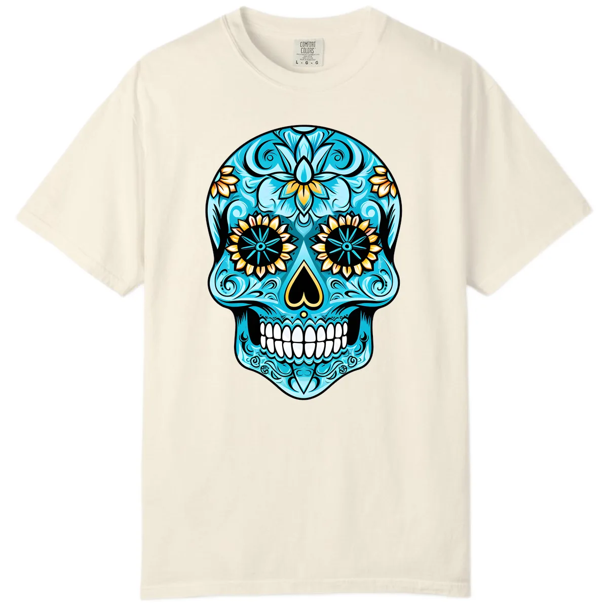 Vibrant Turquoise Calavera with Golden Blooms Comfort Color in Ivory