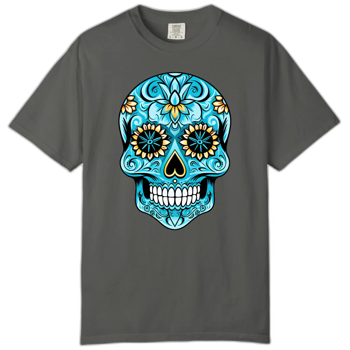 Vibrant Turquoise Calavera with Golden Blooms Comfort Color in Pepper