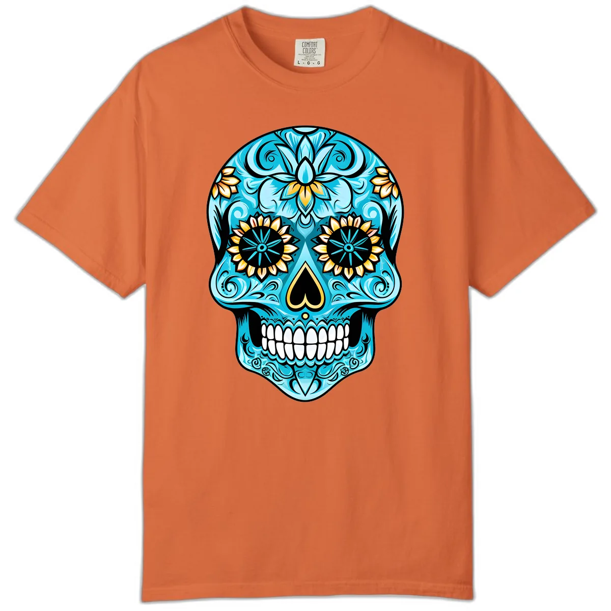 Vibrant Turquoise Calavera with Golden Blooms Comfort Color in Burnt Orange