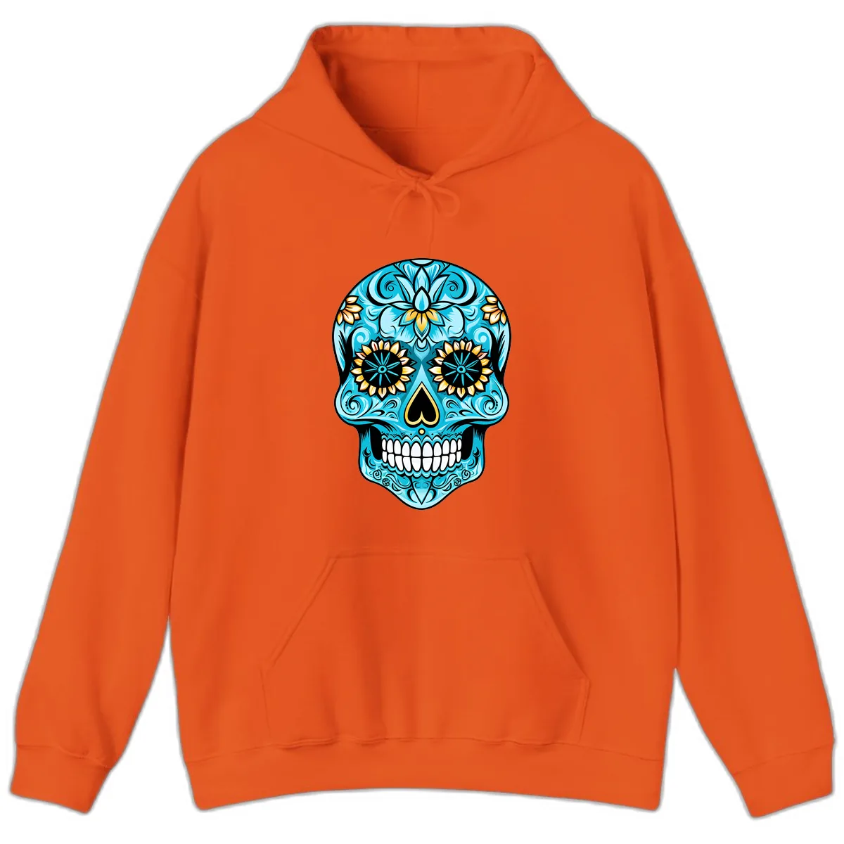 Vibrant Turquoise Calavera with Golden Blooms Hoodie in Orange