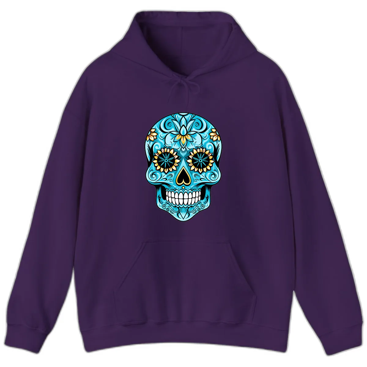 Vibrant Turquoise Calavera with Golden Blooms Hoodie in Purple