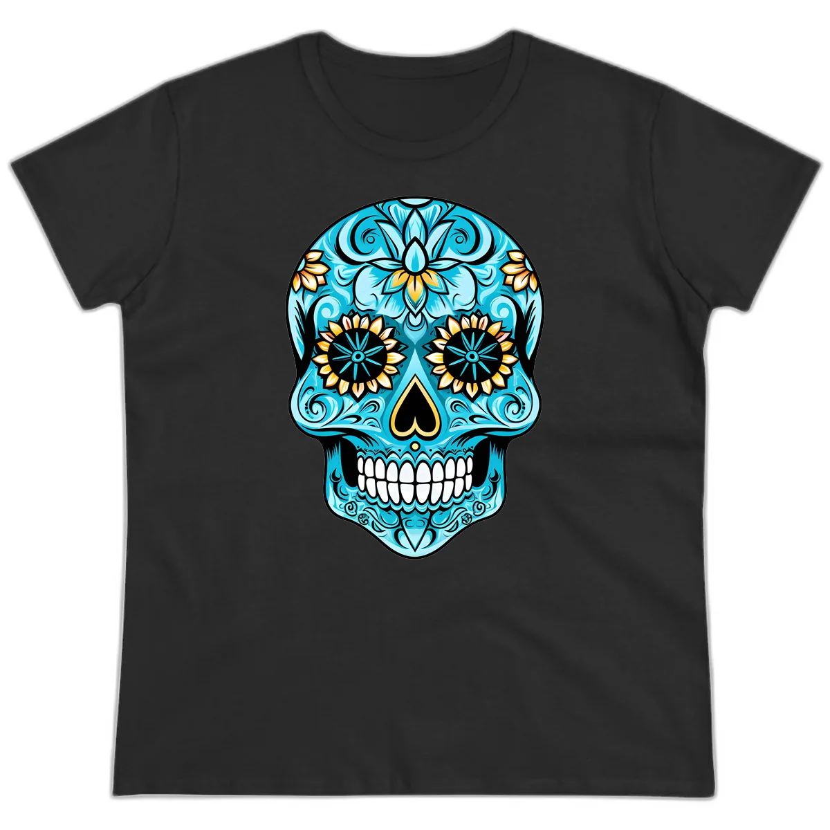 Vibrant Turquoise Calavera with Golden Blooms Ladies Tee in Black