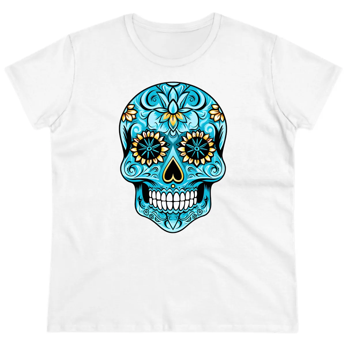 Vibrant Turquoise Calavera with Golden Blooms Ladies Tee in White