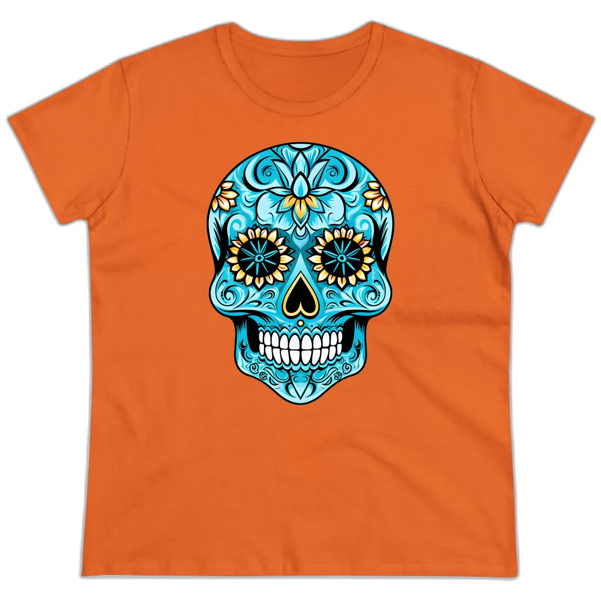 Vibrant Turquoise Calavera with Golden Blooms Ladies Tee in Orange