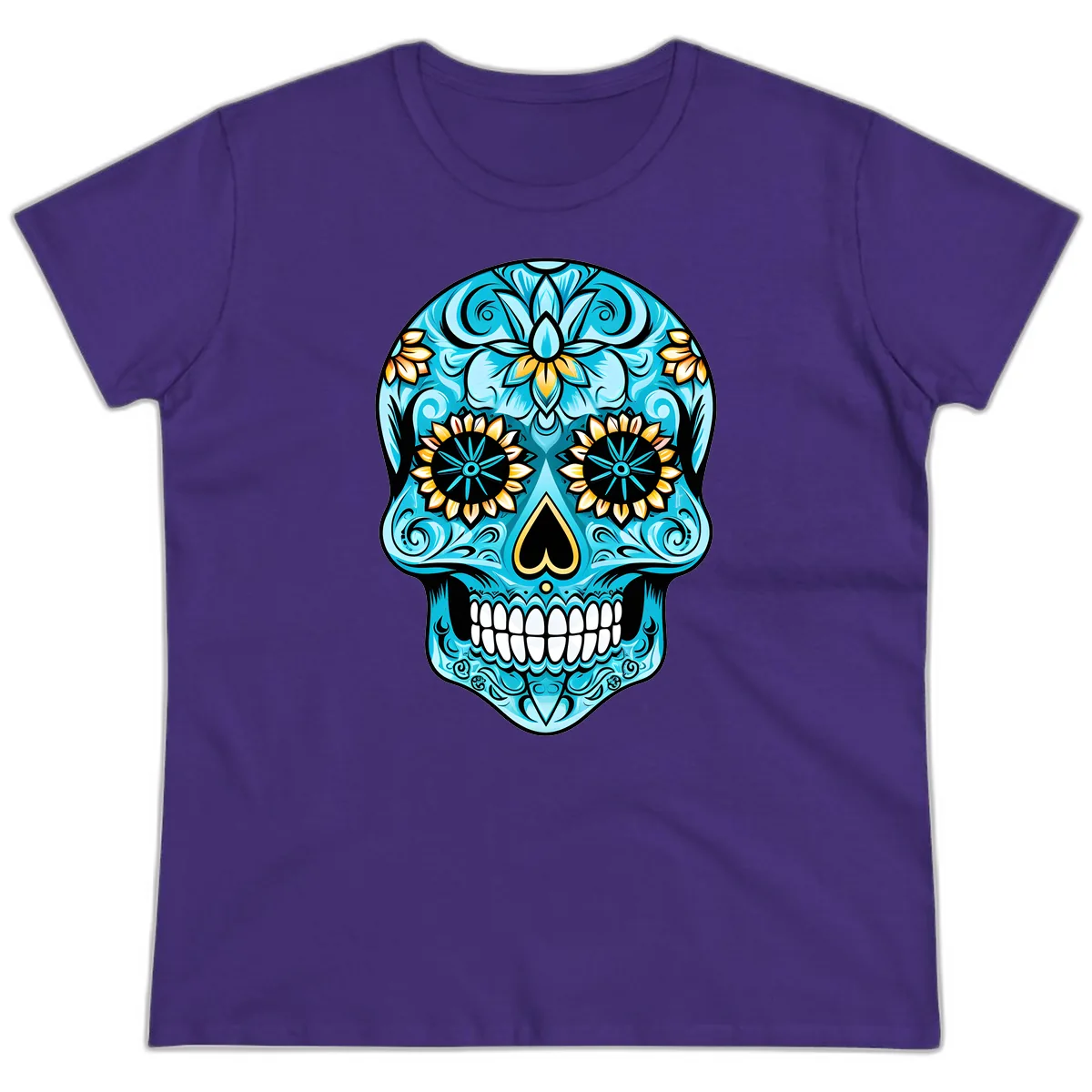Vibrant Turquoise Calavera with Golden Blooms Ladies Tee in Purple