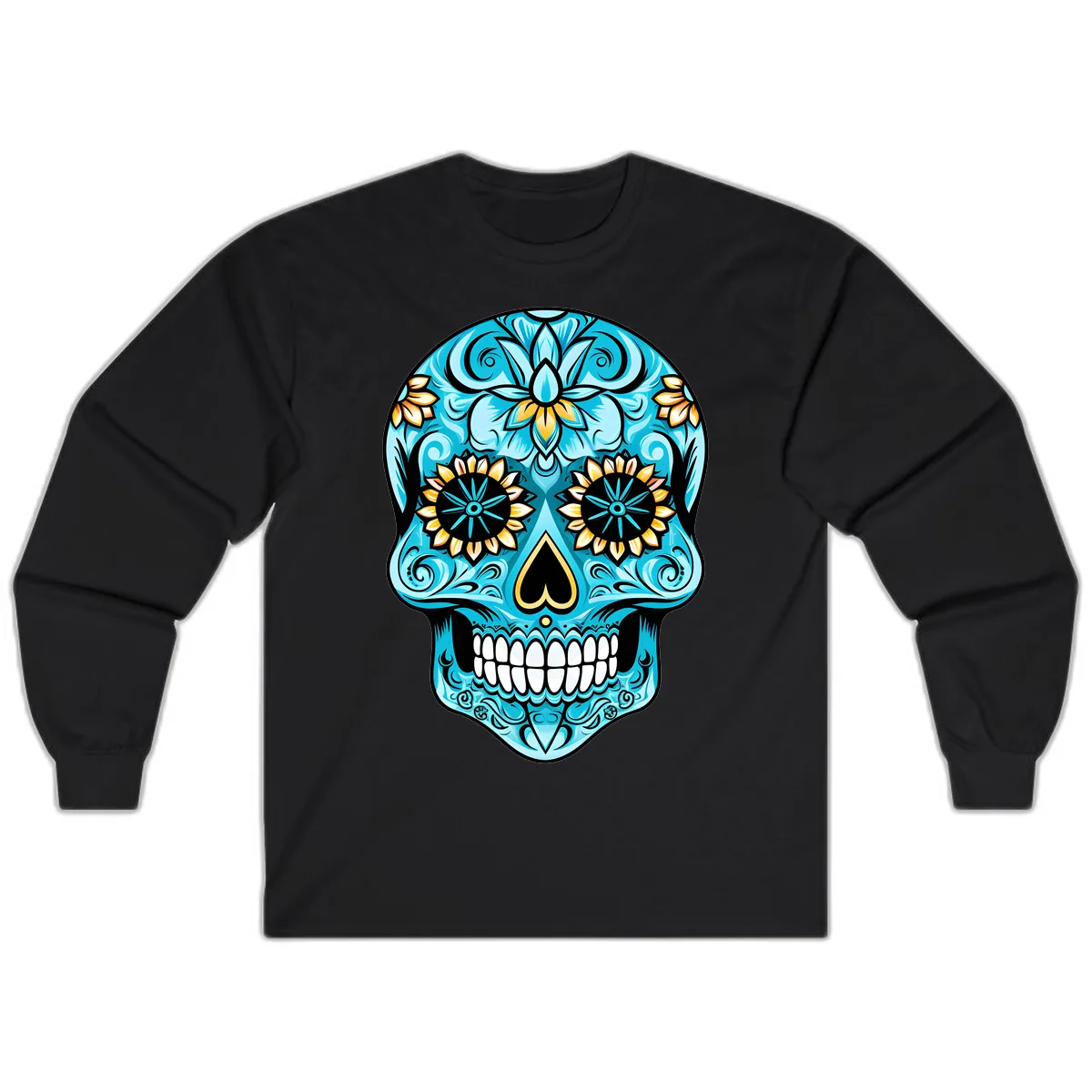 Vibrant Turquoise Calavera with Golden Blooms Long Sleeve in Black