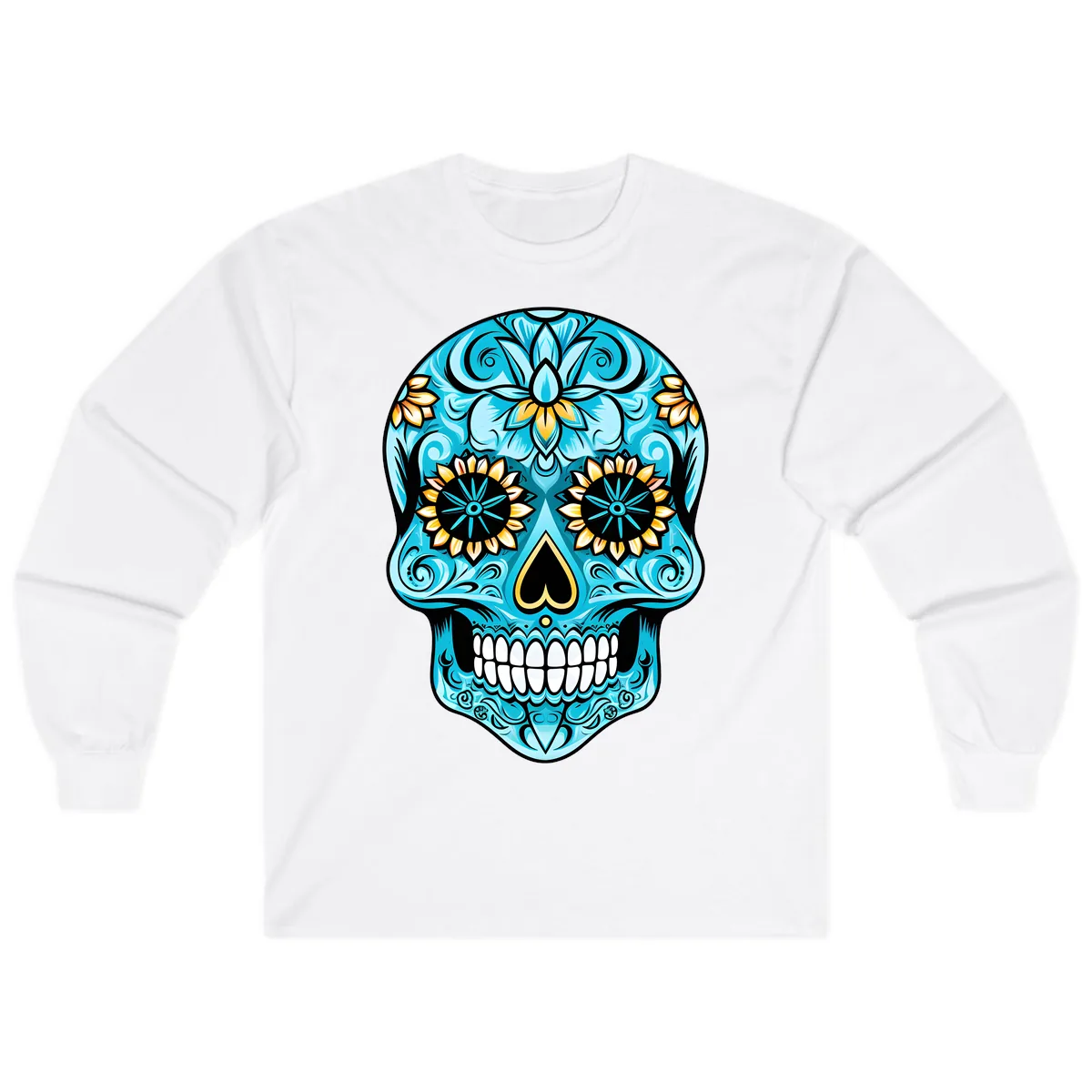 Vibrant Turquoise Calavera with Golden Blooms Long Sleeve in White