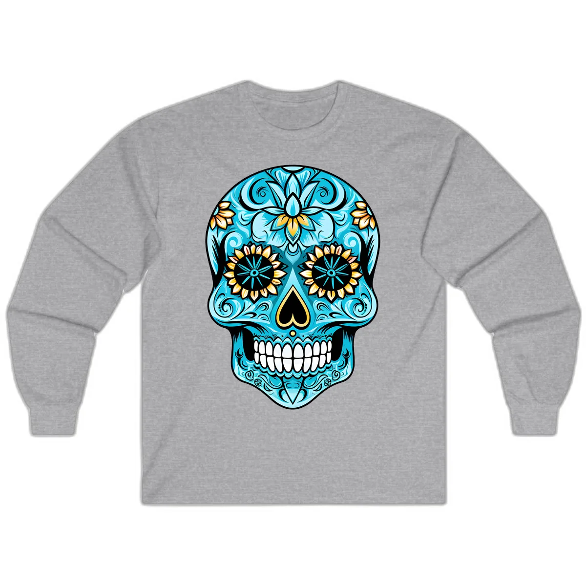 Vibrant Turquoise Calavera with Golden Blooms Long Sleeve in Sport Grey