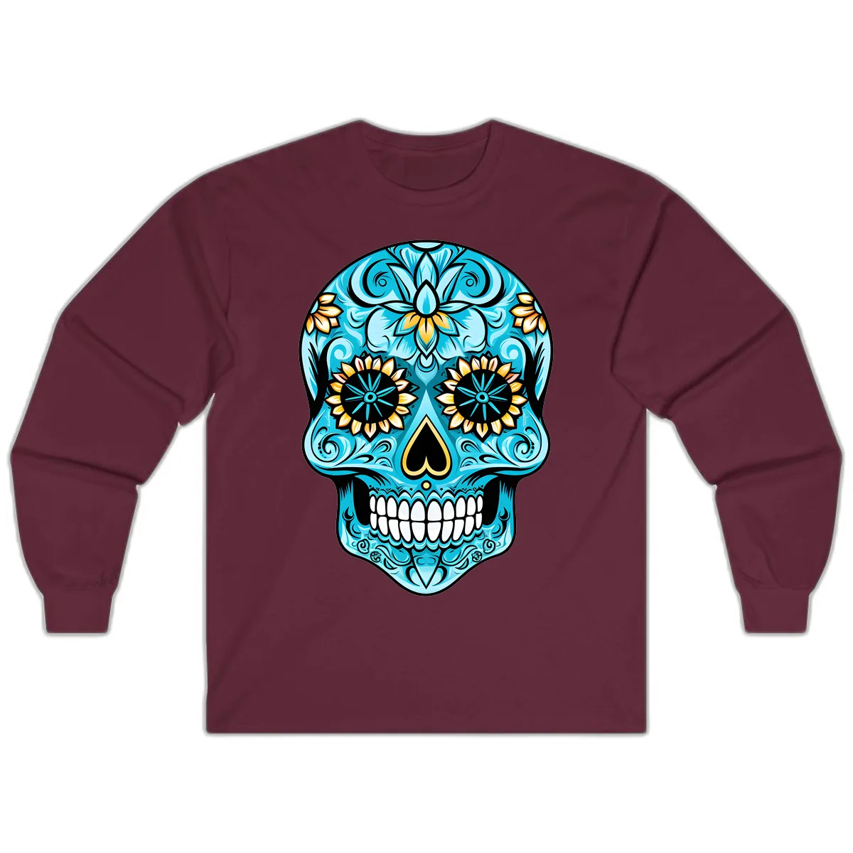 Vibrant Turquoise Calavera with Golden Blooms Long Sleeve in Maroon