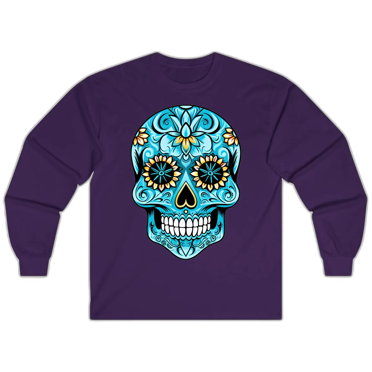 Vibrant Turquoise Calavera with Golden Blooms Long Sleeve in Purple