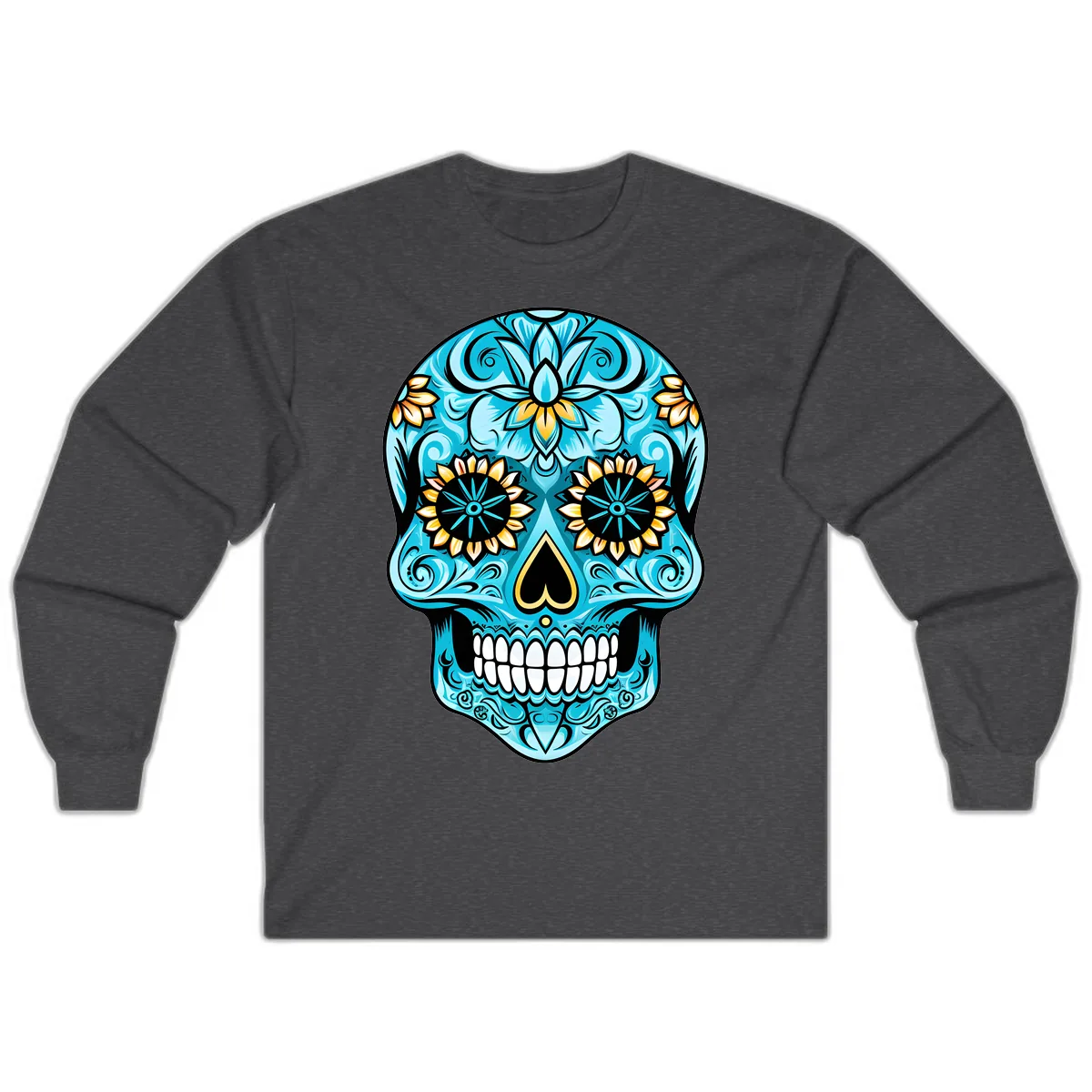 Vibrant Turquoise Calavera with Golden Blooms Long Sleeve in Dark Heather