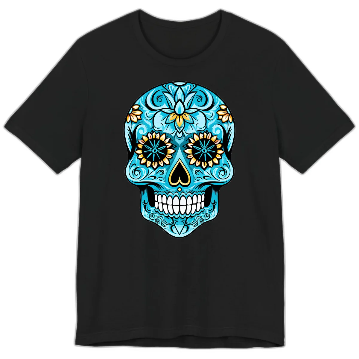 Vibrant Turquoise Calavera with Golden Blooms Premium T-Shirt in Black