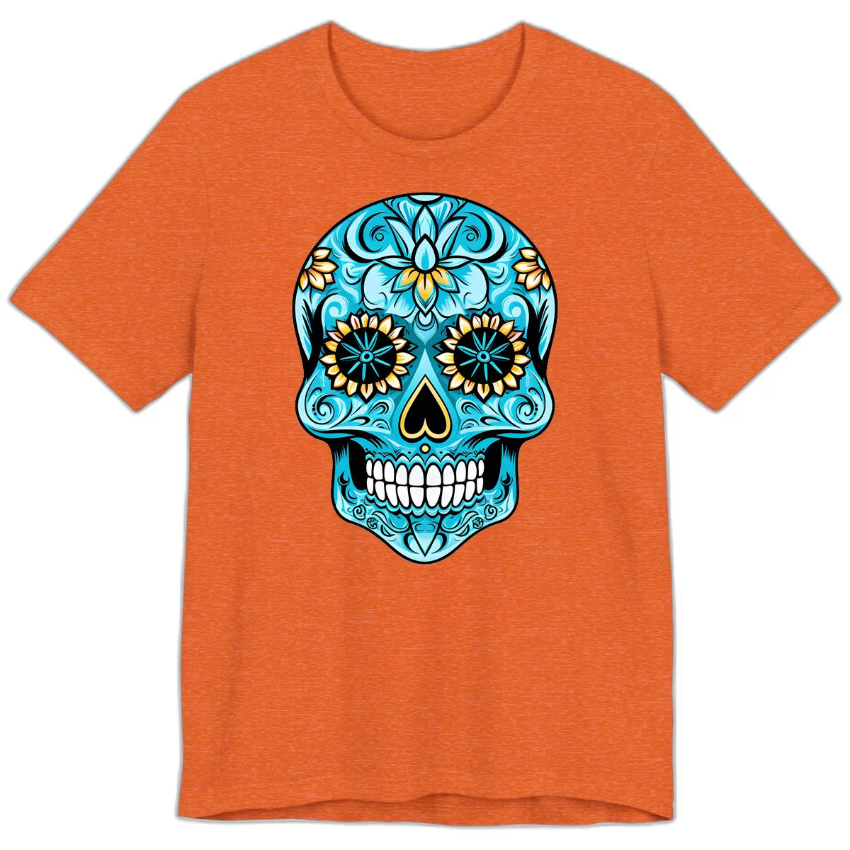 Vibrant Turquoise Calavera with Golden Blooms Premium T-Shirt in Heather Orange