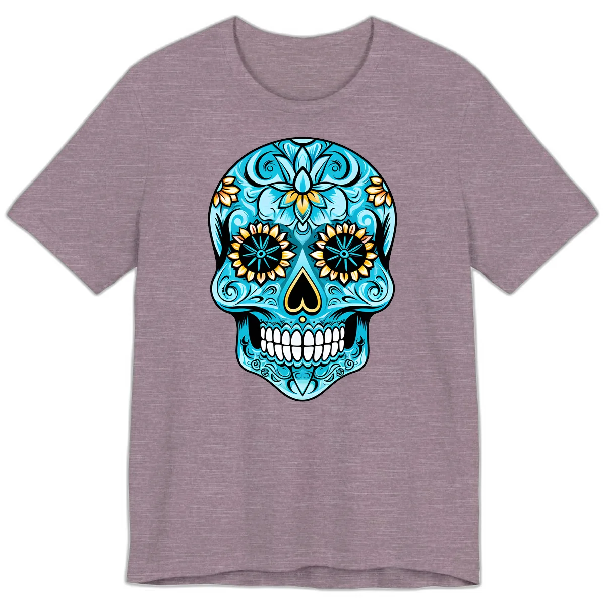 Vibrant Turquoise Calavera with Golden Blooms Premium T-Shirt in Heather Purple