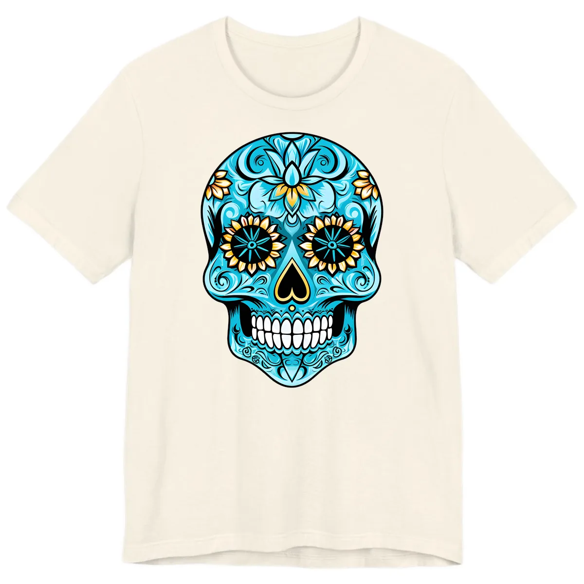 Vibrant Turquoise Calavera with Golden Blooms Premium T-Shirt in Natural