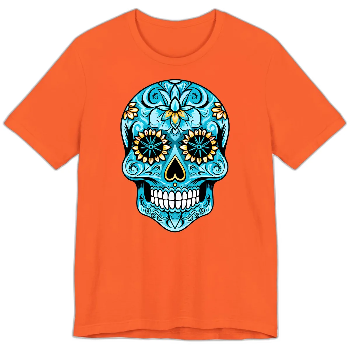 Vibrant Turquoise Calavera with Golden Blooms Premium T-Shirt in Orange