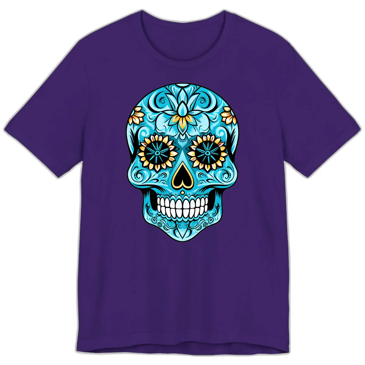 Vibrant Turquoise Calavera with Golden Blooms Premium T-Shirt in Team Purple