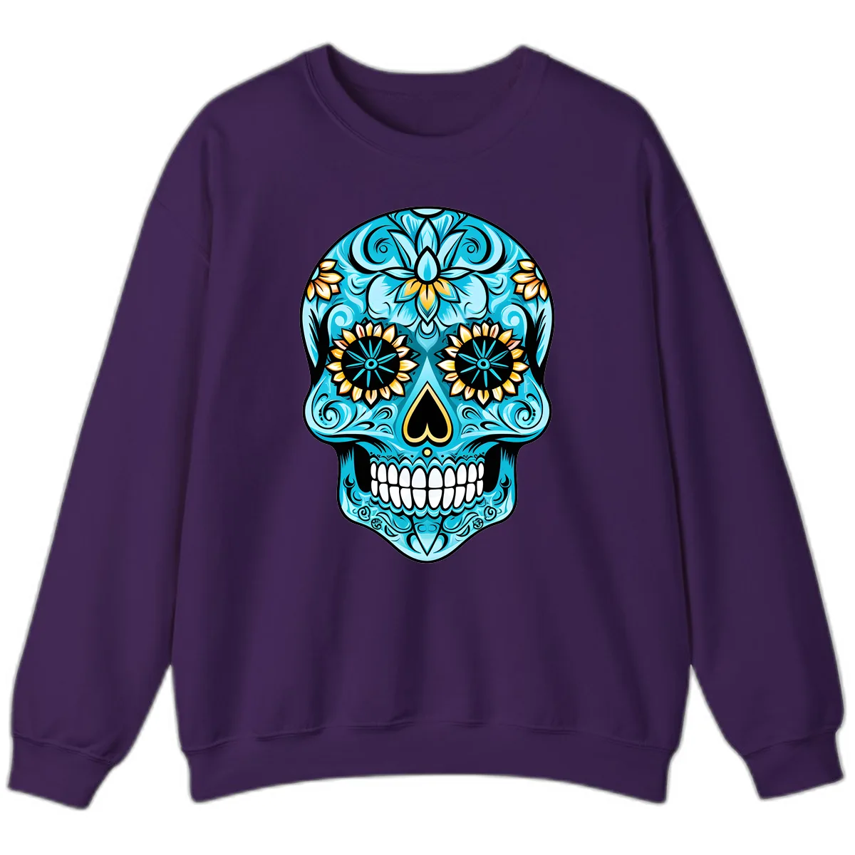 Vibrant Turquoise Calavera with Golden Blooms Sweatshirt in Purple