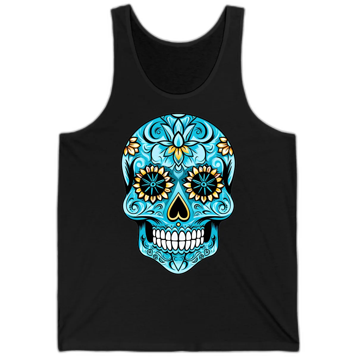 Vibrant Turquoise Calavera with Golden Blooms Tank in Black