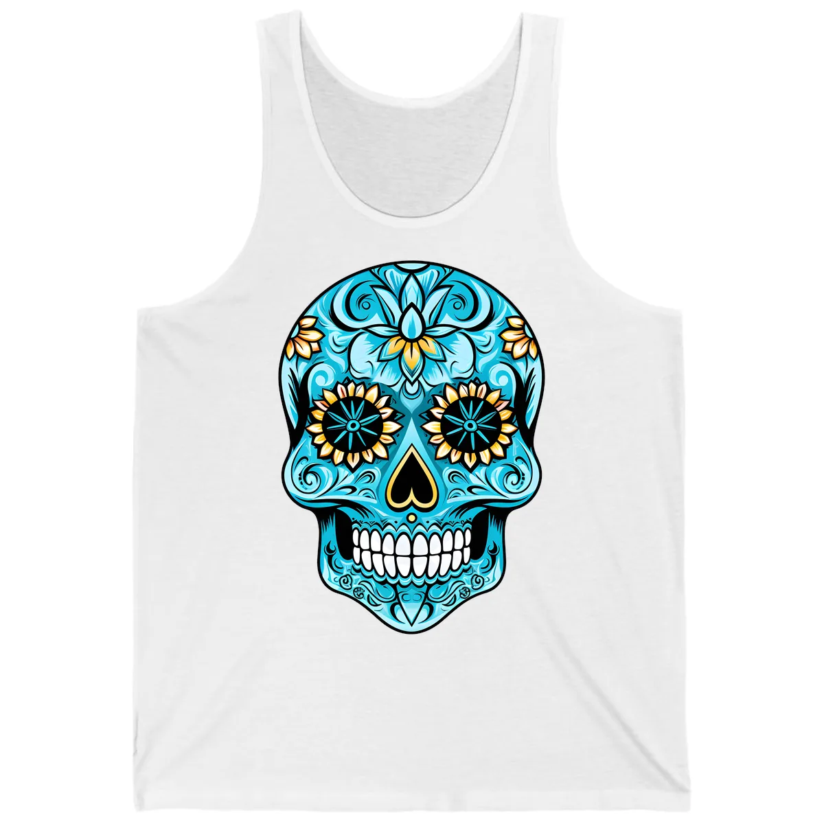 Vibrant Turquoise Calavera with Golden Blooms Tank in White