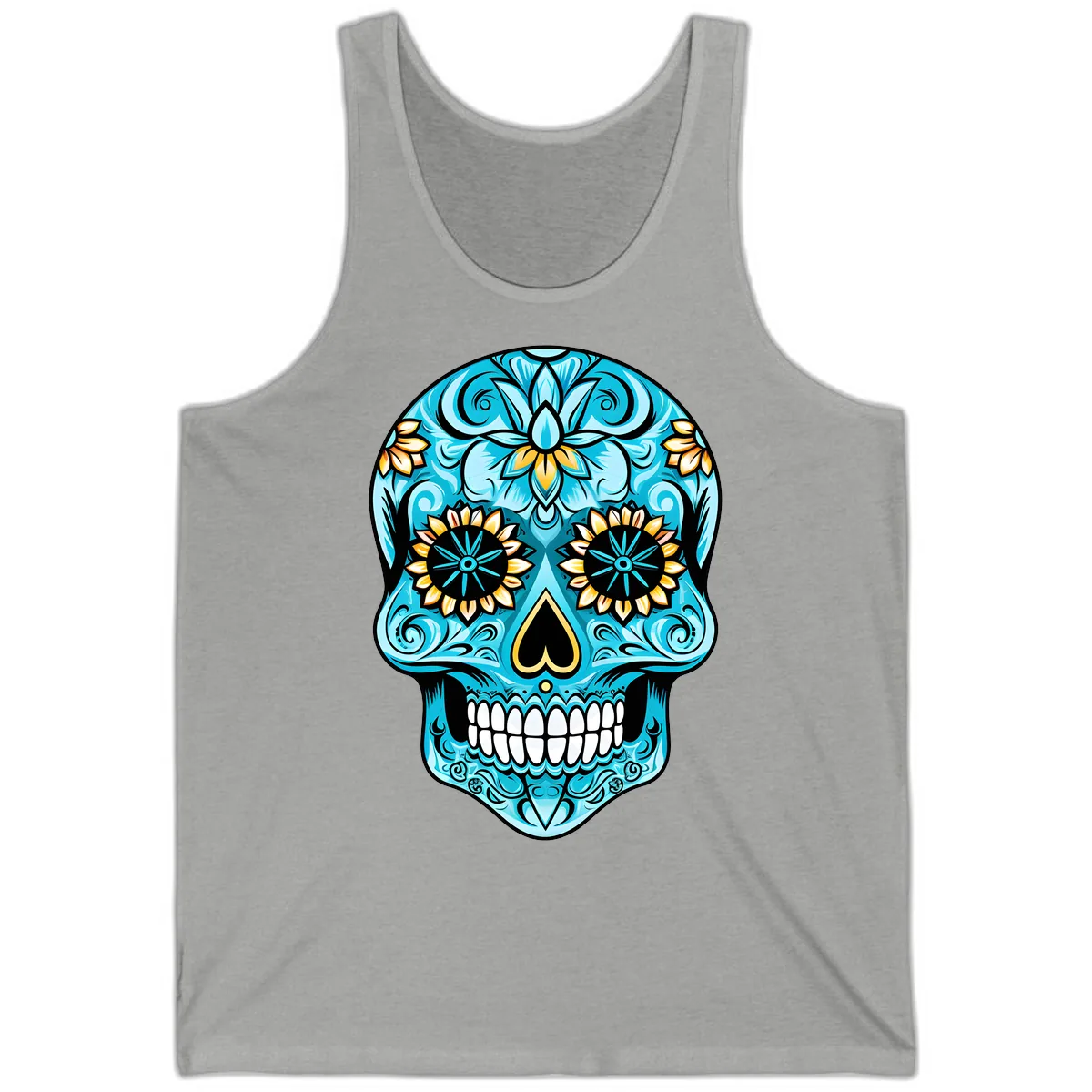 Vibrant Turquoise Calavera with Golden Blooms Tank in Athletic Heather