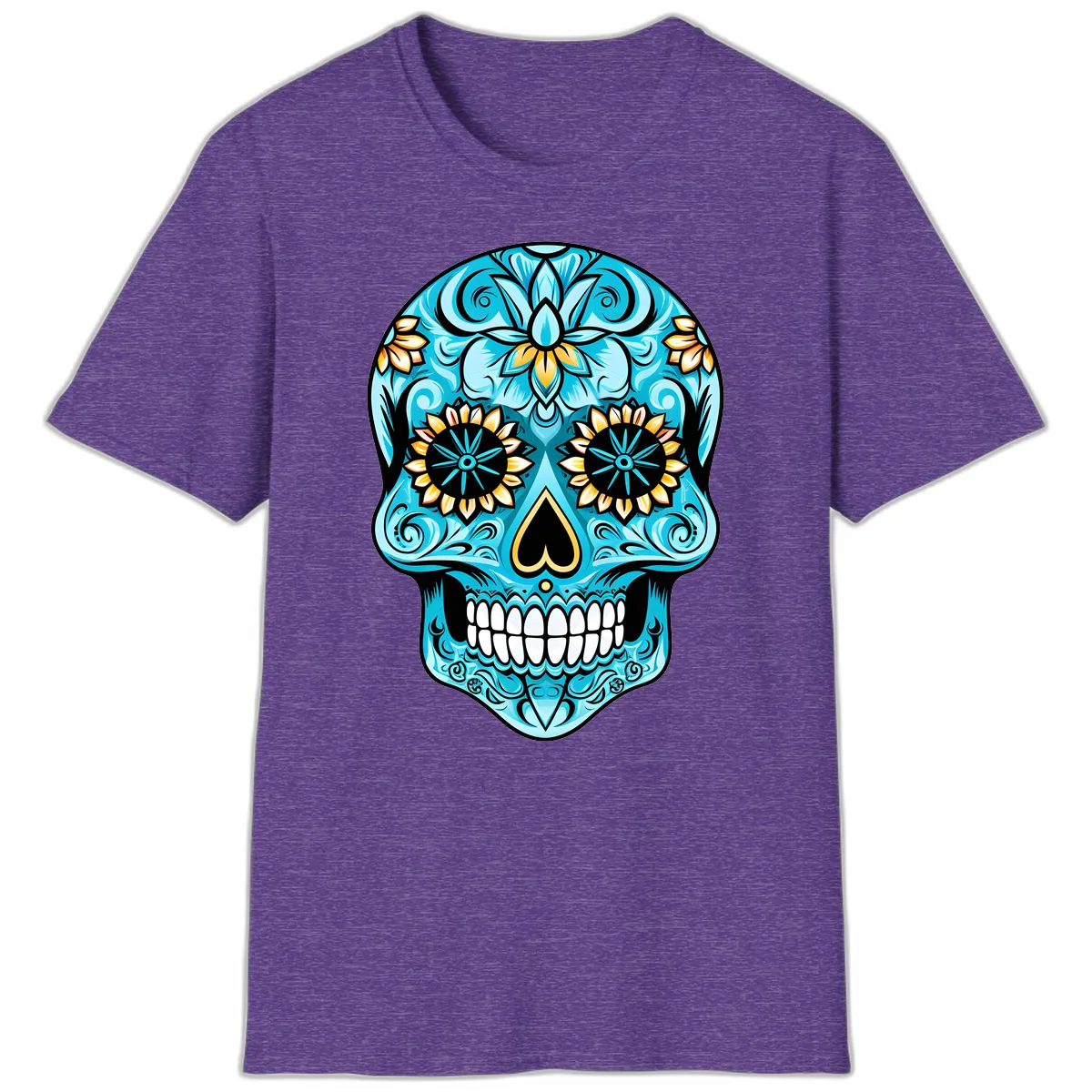 Vibrant Turquoise Calavera with Golden Blooms T-Shirt in Heather Purple