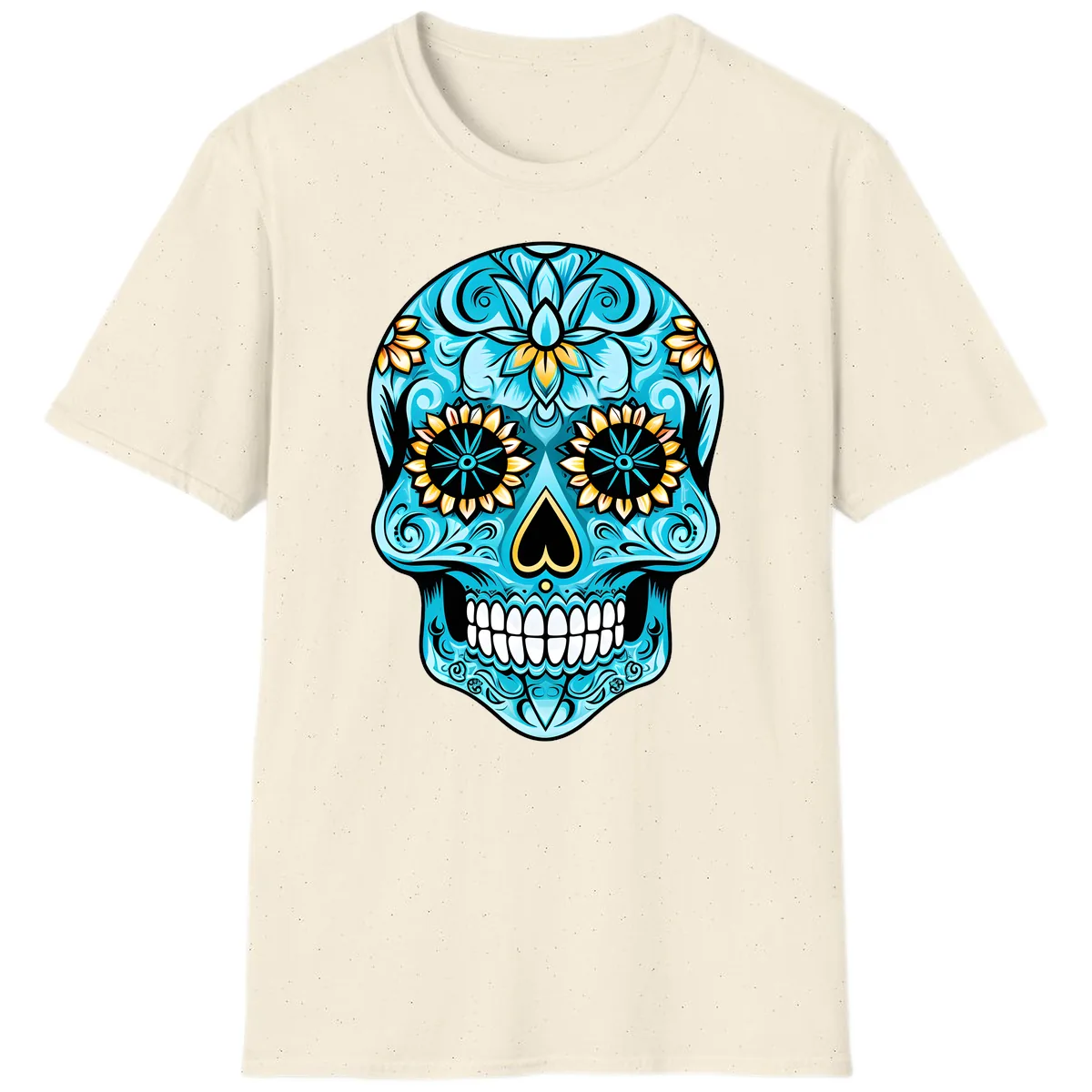 Vibrant Turquoise Calavera with Golden Blooms T-Shirt in Natural