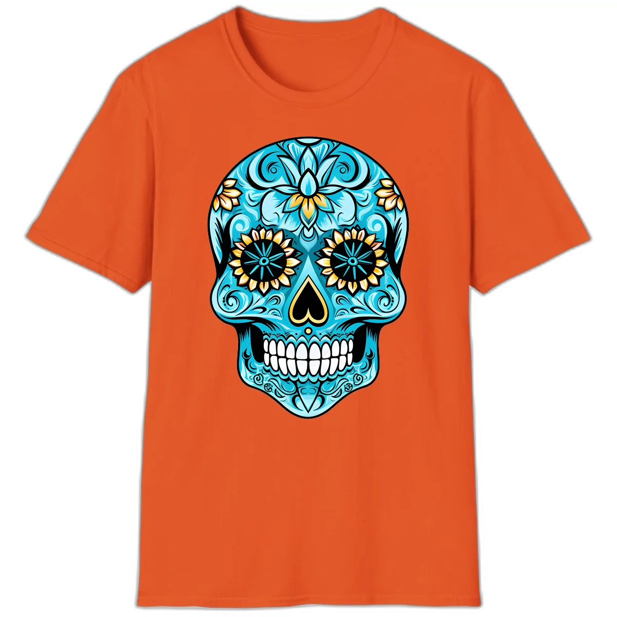 Vibrant Turquoise Calavera with Golden Blooms T-Shirt in Orange