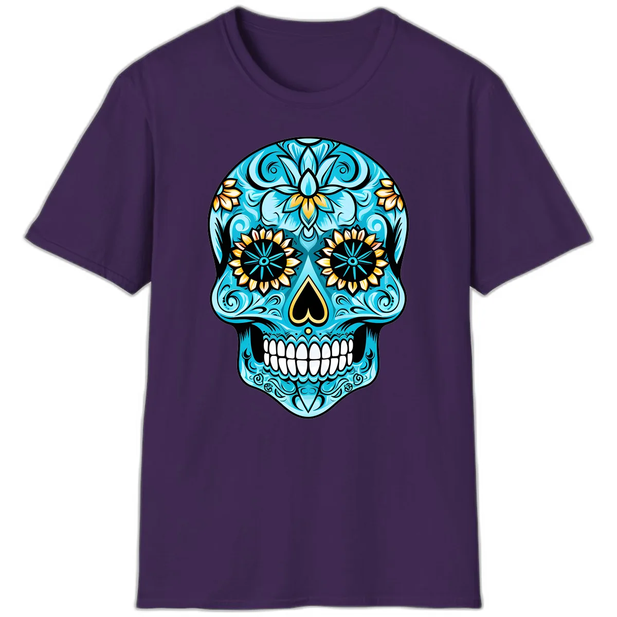 Vibrant Turquoise Calavera with Golden Blooms T-Shirt in Purple
