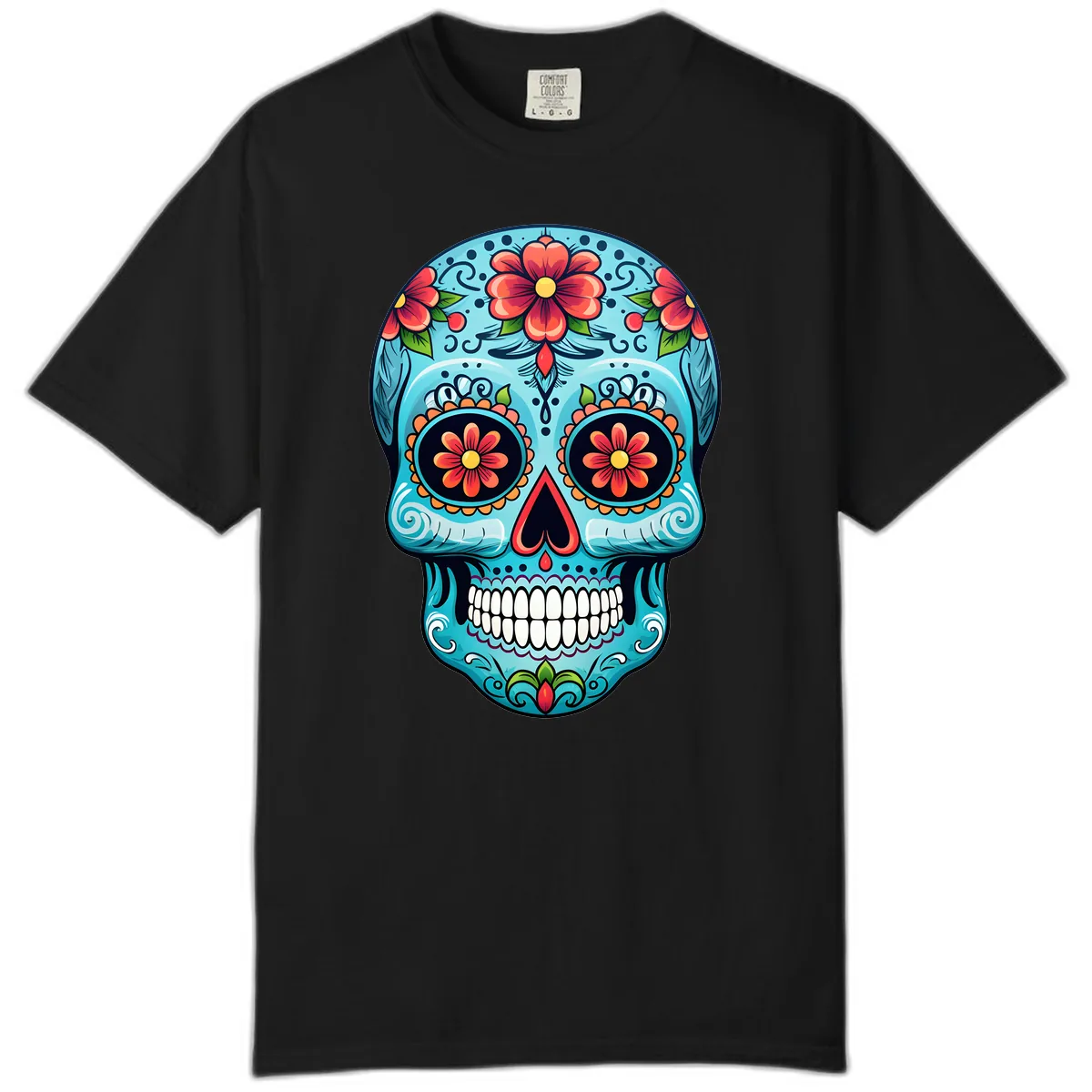 Vibrant Floral Day of the Dead Sugar Skull Calavera Comfort Color in Black