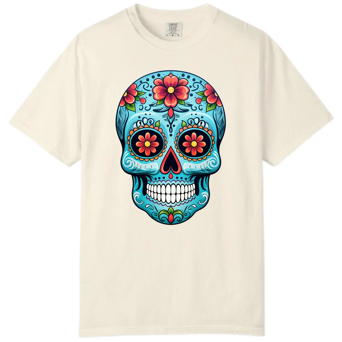 Vibrant Floral Day of the Dead Sugar Skull Calavera Comfort Color in Ivory