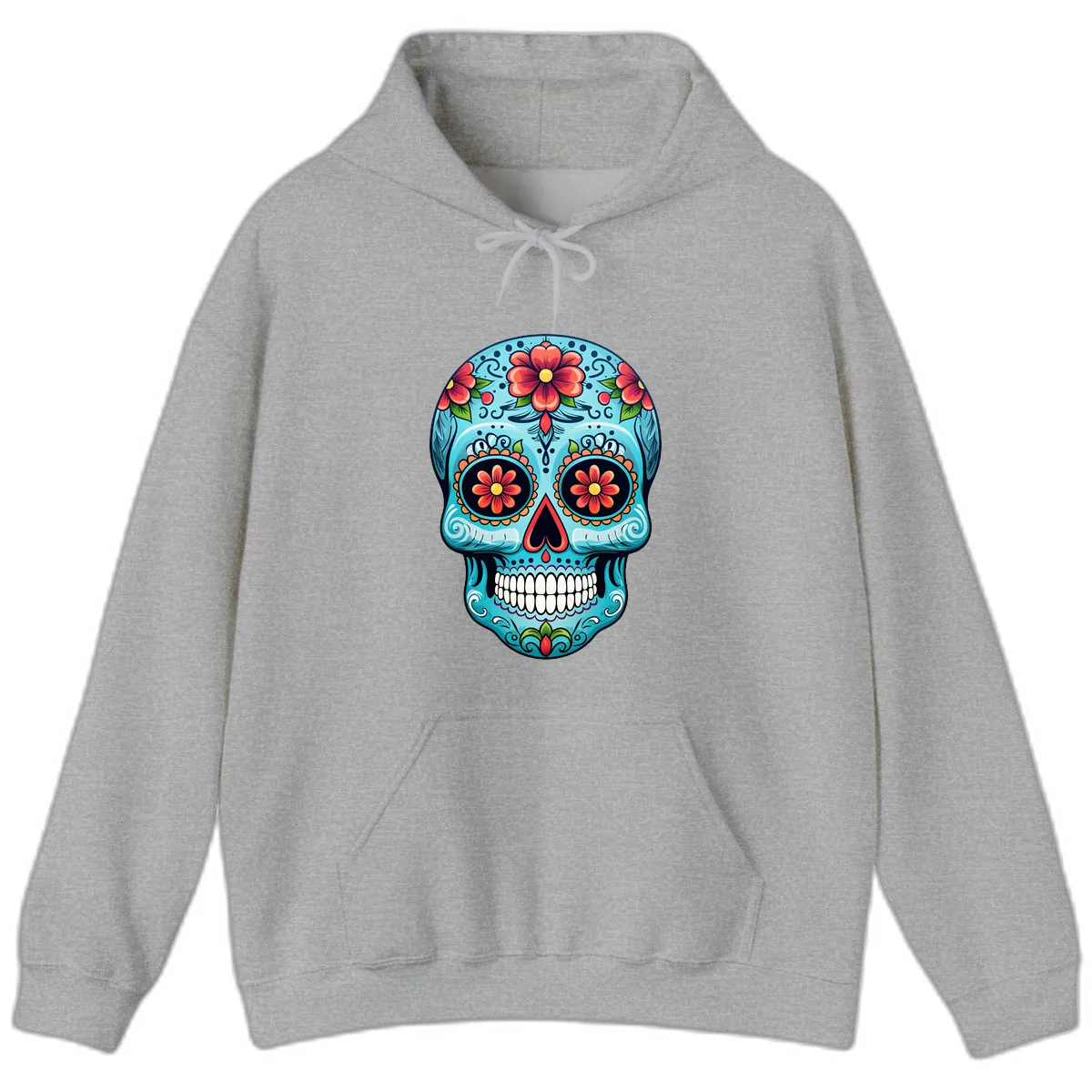 Vibrant Floral Day of the Dead Sugar Skull Calavera Hoodie in Sport Grey