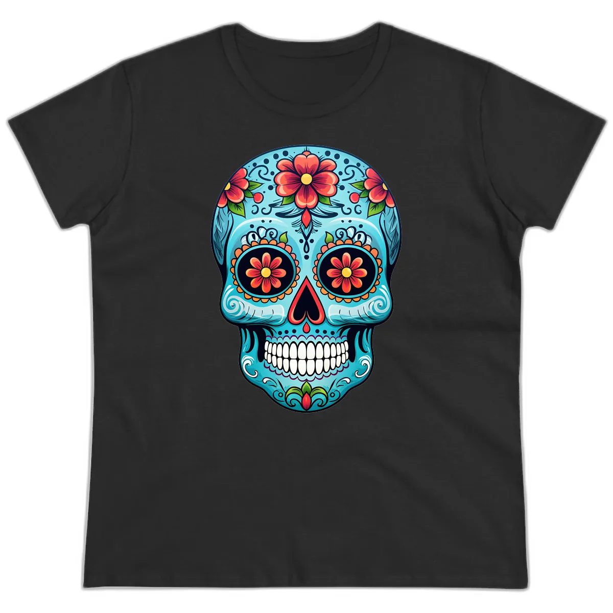 Vibrant Floral Day of the Dead Sugar Skull Calavera Ladies Tee in Black
