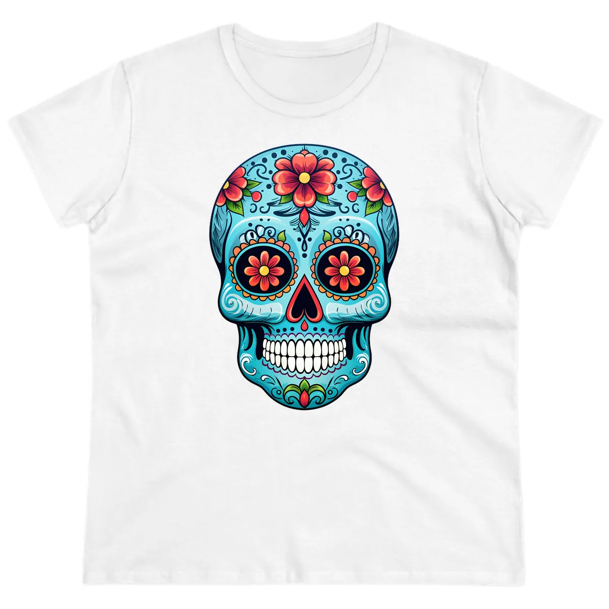 Vibrant Floral Day of the Dead Sugar Skull Calavera Ladies Tee in White