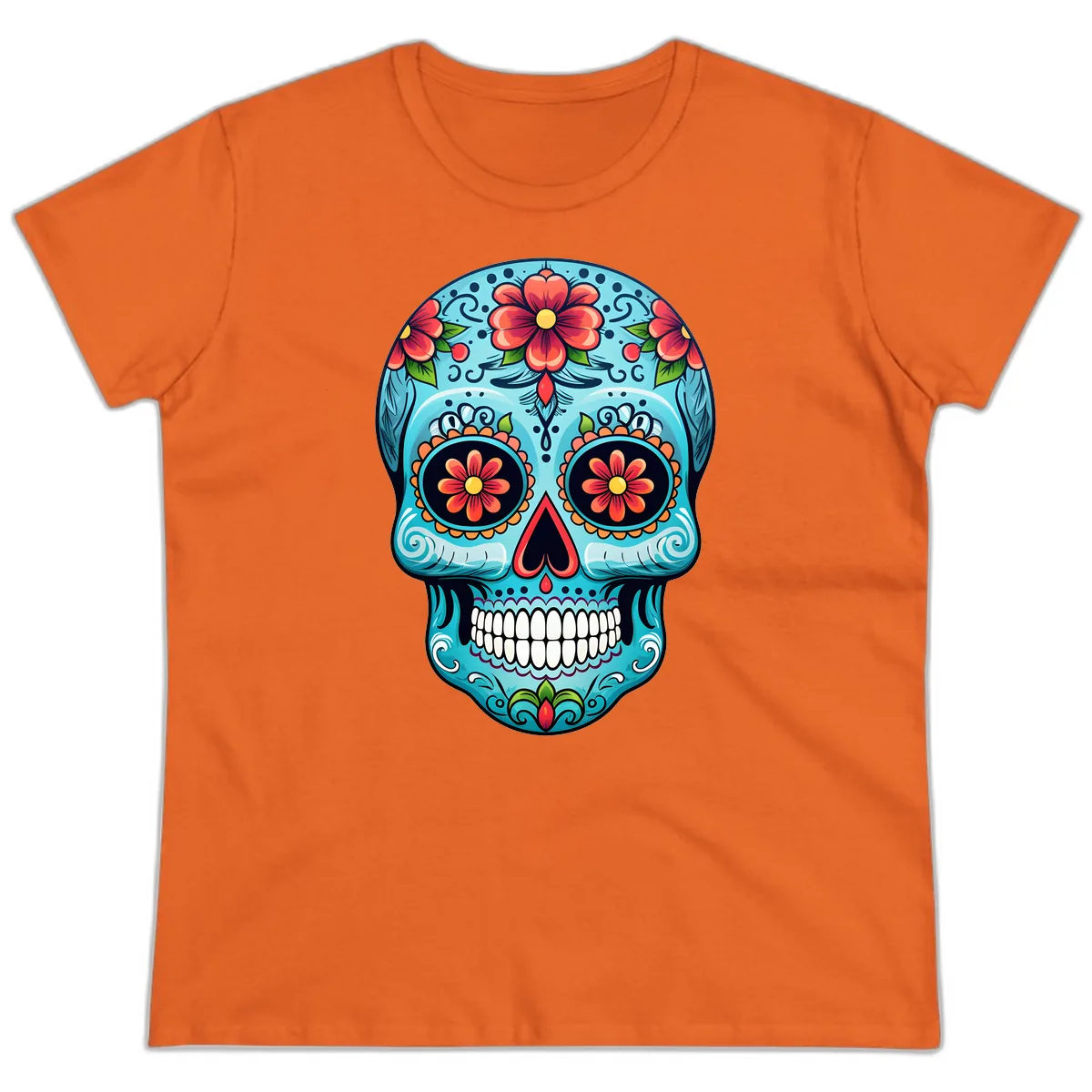 Vibrant Floral Day of the Dead Sugar Skull Calavera Ladies Tee in Orange