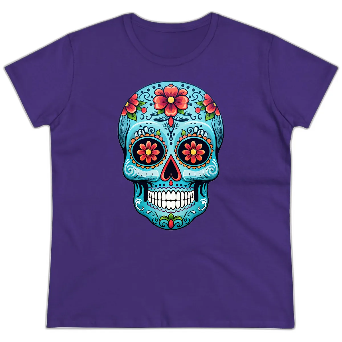 Vibrant Floral Day of the Dead Sugar Skull Calavera Ladies Tee in Purple
